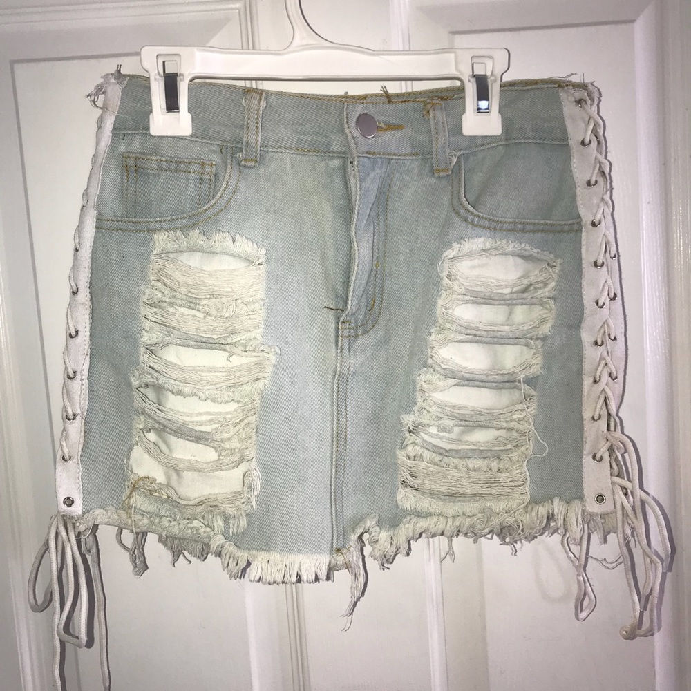 Lace up jean skirt